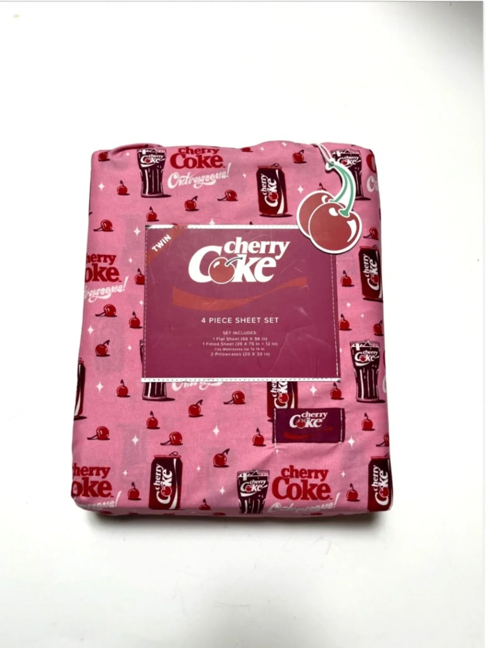 Cherry Coke Twin Sheet Set 4pc Pink Cherries Coca-Cola Bedding Polyester New